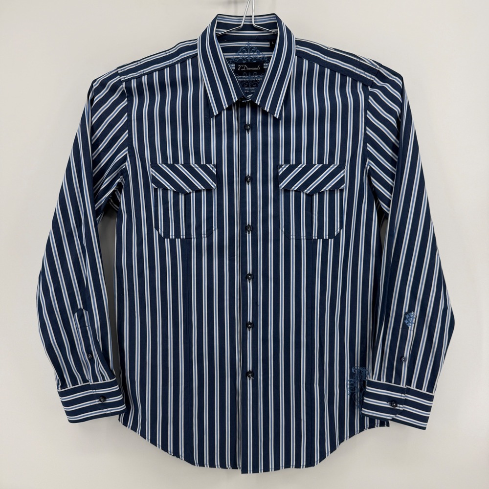 7 Diamonds Button Up Shirt Mens L Blue Striped Cotton Long Sleeve Embroidered